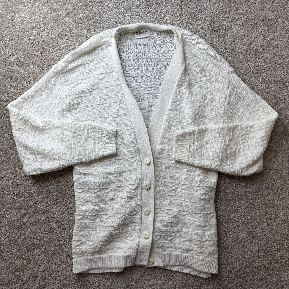 Vintage Aileen Cardigan Sweater Women Large White V Neck Button Lightweight Knit